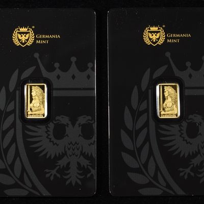 (2) GERMANIA MINT 1/200TH .9999 GOLD BARS PROOF