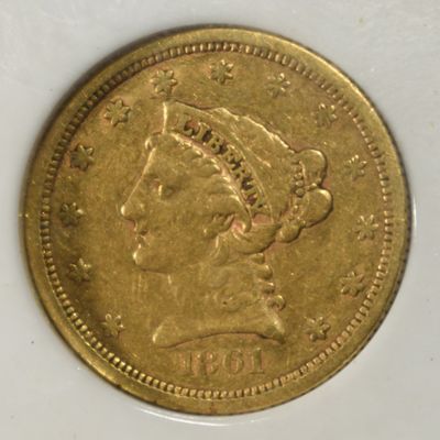 1861 NEW REVERSE $2.50 LIBERTY GOLD XF