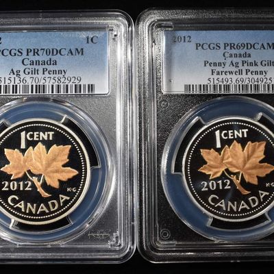 (2) 2012 CANADA AG GILT 1C PCGS PR69 & 70 DCAM