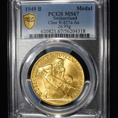 1949-B SWITZERLAND GOLD SHOOTING MEDAL PCGS MS-67