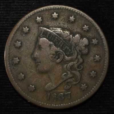 1837 CORONET HEAD LARGE CENT VF