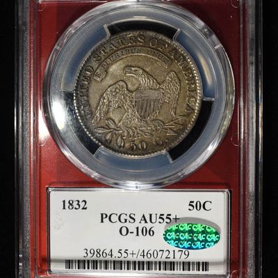 1832 BUST HALF DOLLAR PCGS AU-55+ CAC O-106