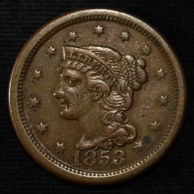 1853 BRAIDED HAIR LARGE CENT XF/AU