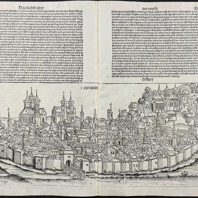 Schedel, pub. 1493 - View of Erfurt, Germany / Verso: Religious & Historic Figures