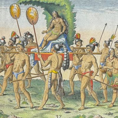 De Bry - Florida - The display involved when a queen elect is brought to the king (Palanquin or Litter)