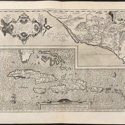 Ortelius, pub. 1587 - Map of Western Mexico (New Spain) & Carribean (West Indies, Antilles Islands)