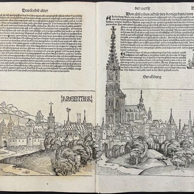 Schedel, pub. 1493 - View of Strasbourg (Argentina), France / Verso: Partial View of Ofen (Budapest)