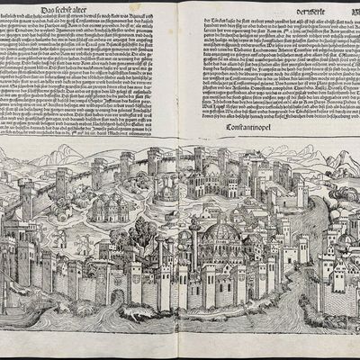 Schedel, pub. 1493 - View of Constantinople (Istanbul), Turkey / Verso: Religious & Historic Figures