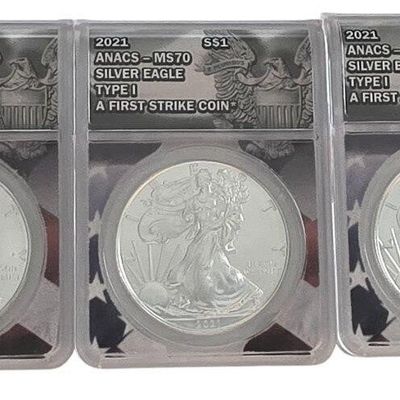 Sale Photo Thumbnail #8: (3) US Silver Eagle $1 coins, ANACS