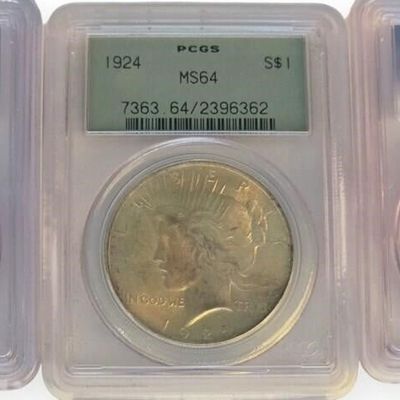 Sale Photo Thumbnail #38: (3) US Silver Peace $1 Coins, PCGS