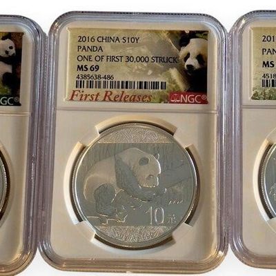 Sale Photo Thumbnail #208: (3) China Panda Coins, ea 1oz .999 Silver, NGC