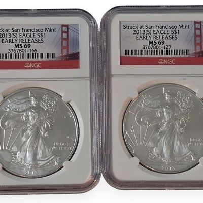 Sale Photo Thumbnail #18: (2) 2013S US Silver Eagle Coins, NGC, Early Rls