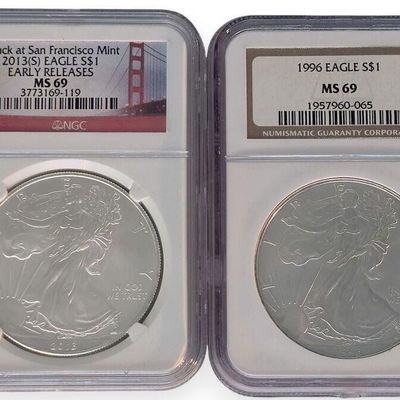 Sale Photo Thumbnail #24: (2) US Silver American Eagle $1 Coins, NGC