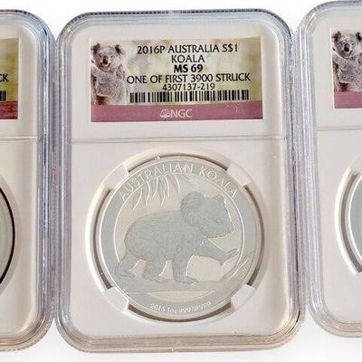 Sale Photo Thumbnail #215: (3) Australian Koala Coins, 1oz .999 Silver, NGC