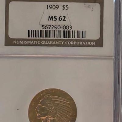 Sale Photo Thumbnail #195: 1909 $5 Gold Indian Head Coin, MS 62