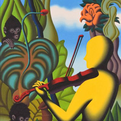 Sale Photo Thumbnail #65: Mark Kostabi Oil on Canvas Surrealist Tropical Composition, 1996