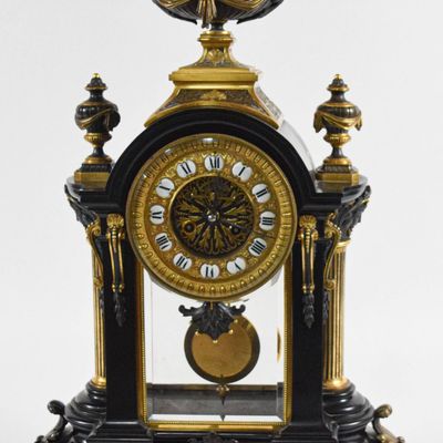 Sale Photo Thumbnail #15: Samuel Marti Style French Neoclassical Black Marble and Gilt Metal Mantel Clock
