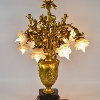 Sale Photo Thumbnail #14: F. Barbedienne Large Seven Light Gilt Bronze and Frosted Glass Table Lamp