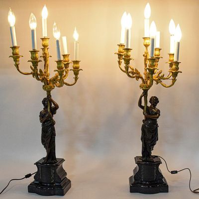 Sale Photo Thumbnail #13: After Francois Rémond, Pair of French Neoclassical Style Gilt and Patinated Bronze Candelabra Lamps