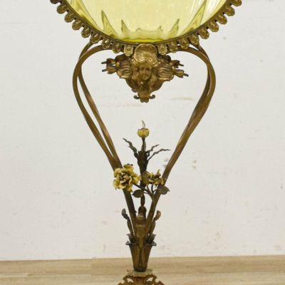 Sale Photo Thumbnail #33: Large Art Nouveau Uranium Glass Fish Bowl on Cast Metal Stand
