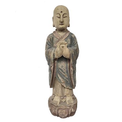 Sale Photo Thumbnail #378: Chinese Large Carved Wood Figure of Lohan