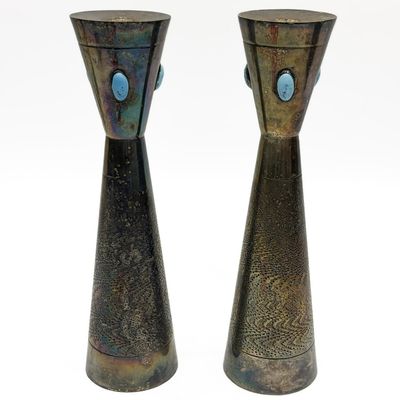 Sale Photo Thumbnail #244: Judaica Pair of Silver-Plated Shabbat Candlesticks