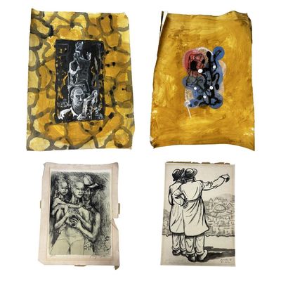 Sale Photo Thumbnail #102: Lot of 4 Artworks on Paper- 3 Paintings & 1 Litho
