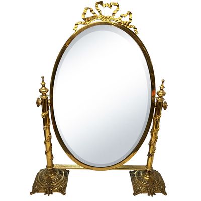 Sale Photo Thumbnail #178: Large Vintage Brass Beveled Tabletop Vanity Mirror