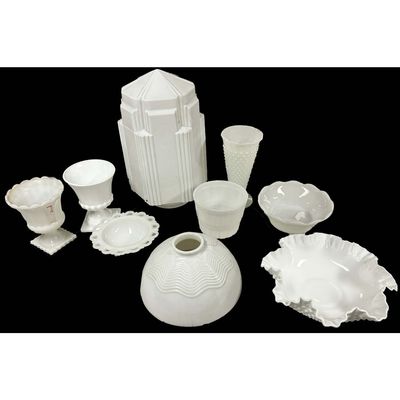 Sale Photo Thumbnail #216: Lot of 9 Milk Glass Items Incl. Vases, Bowls, Etc.