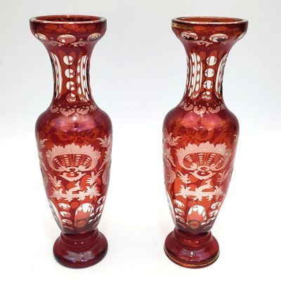 Sale Photo Thumbnail #23: Pair of Bohemian Ruby Red Overlay Glass Vases