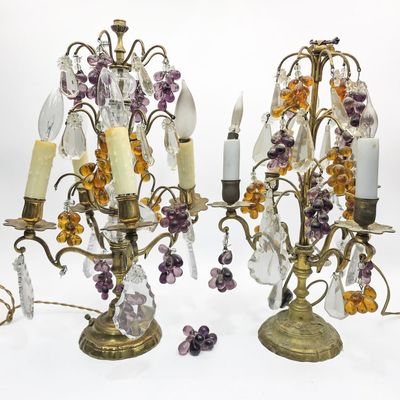 Sale Photo Thumbnail #427: 2 Czech Art Glass & Bronze Grape Table Lamps