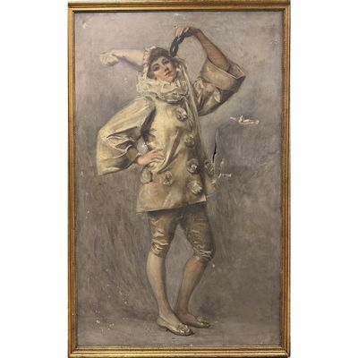 Sale Photo Thumbnail #455: Antique Painting of a Clown, Oil on Canvas