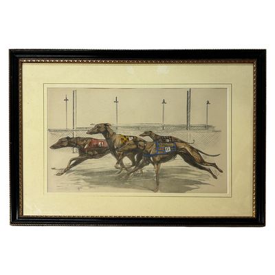 Sale Photo Thumbnail #323: Vintage Framed Colored Print "Greyhounds Racing"