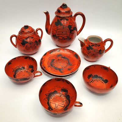 Sale Photo Thumbnail #450: 9 Pc  Antique Japanese Signed Red Porcelain Tea