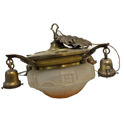 Sale Photo Thumbnail #191: Antique Brass Chandelier w/ Frosted Glass Shade