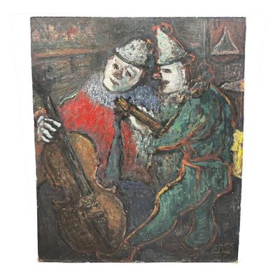Sale Photo Thumbnail #138: Vintage Painting, Oil on Board "2 Clowns" by JaVor