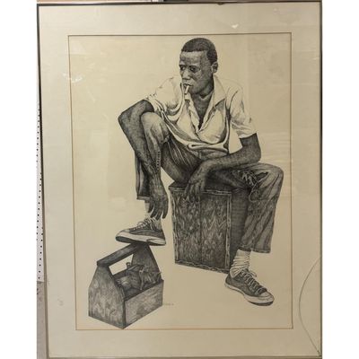 Sale Photo Thumbnail #454: Large Signed Drawing of a Boy, Ink on Paper