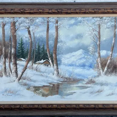 
Original Petho Antalne Winter Cabin Scene Oil On Canvas With Mexico Wood Frame