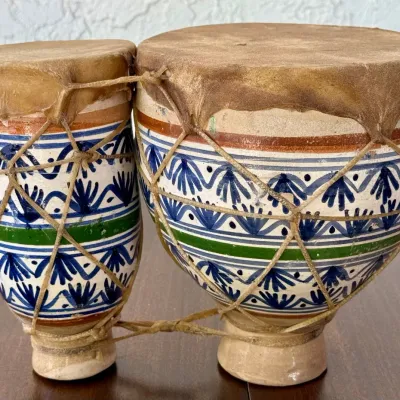 
MCM Moroccan Bongo Drum Set Taarija Terracotta Clay And Goat Skin