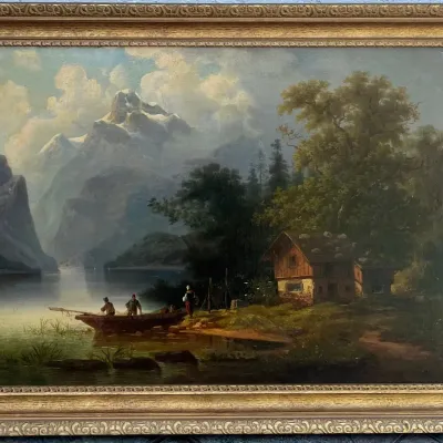 Antique Colestin Brugner Painting On Board (1824-1887) Mountain Landscape With Solid Wood Custom Frame