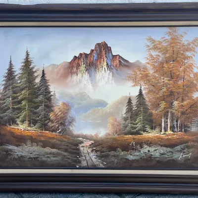 Original Signed Autumn Mountain Landscape On Canvas In Wood Frame