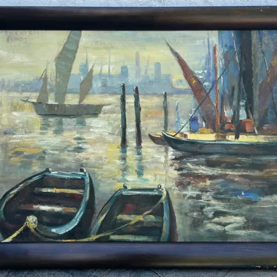 
Vintage Original Santorini Island Impressionist Oil On Canvas In Wood Frame