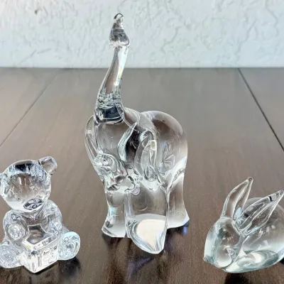 
(3) Clear Art Glass Animal Figurines - Elephant, Waterford Crystal Teddy, Rabbit
