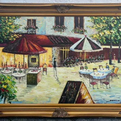 Original Signed French Cafe Textured Oil On Board In Custom Gold Tone Frame