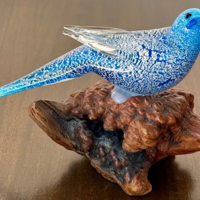 Vintage Hand Blown Murano Art Glass Budgerigar Parakeet Figurine On Burled Wood Base