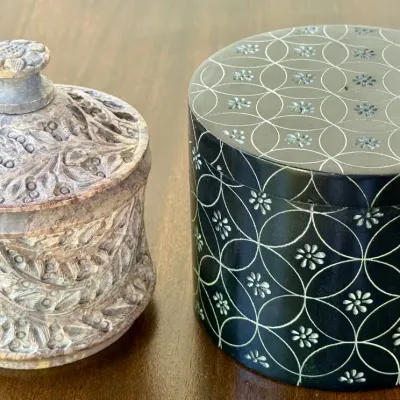 
(2) Hand Carved Soap Stone India Lidded Jars