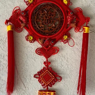 Vintage Large 26" X 68" Chinese Knot New Year Decoration Ornamental Knot Tassel With Wood Insert