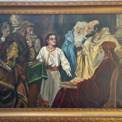 Antique Oil On Canvas Jesus And The Doctors Signed Per Lee In Custom Wood Frame