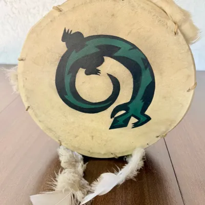 
Native American Sioux Double Sided Raw Hide Drum With Lizard And Fur