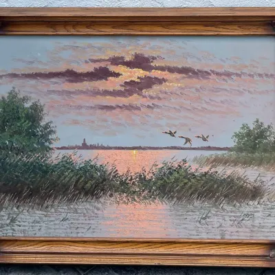
Vintage Original Ducks In Flight Signed Oil On Canvas In Custom Wood Frame